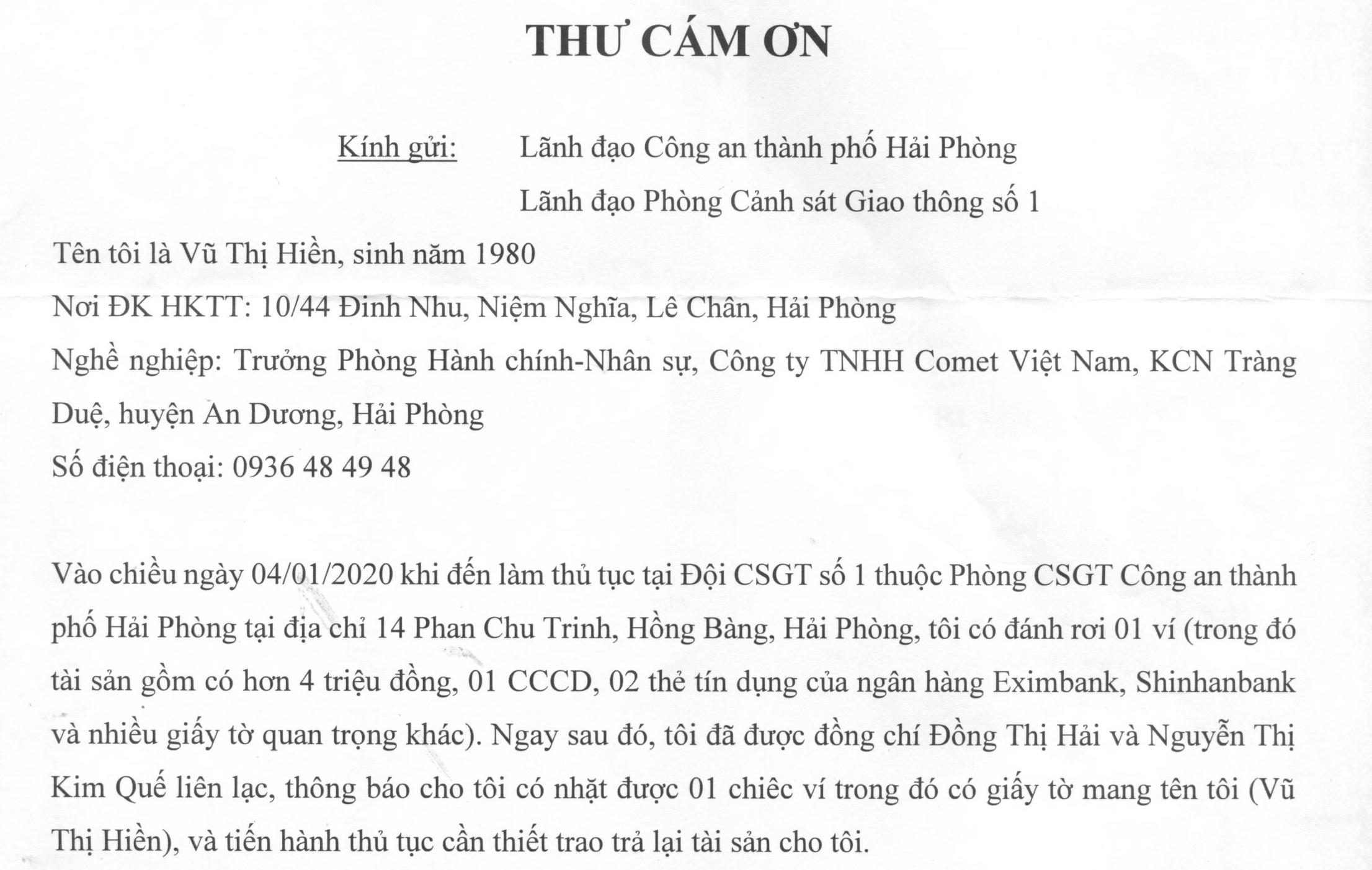 Chị Vũ Thị Hiền phường Niệm Nghĩa (quận Lê Chân) gửi thư cảm ơn cán bộ chiến sỹ Công an trả lại tài sản